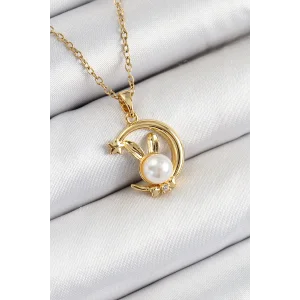 316L Çelik İnci Detaylı Hilal Tavşan Model Gold Renk Kadın Kolye