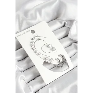 316L Çelik Kalp Figürlü Ve Zirkon Taşlı Gümüş Renk 7li Çift Kadın Küpe Set