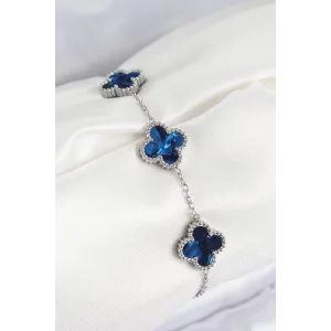 316L Çelik Sedefli Lacivert Gümüş Renk Yonca Kadın Bileklik