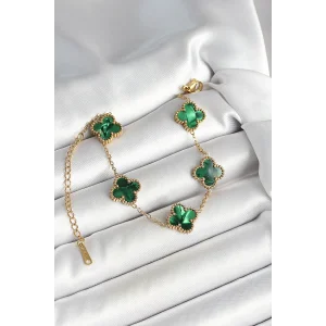 316L Çelik Sedefli Zümrüt Yeşil Gold Renk Yonca Kadın Bileklik