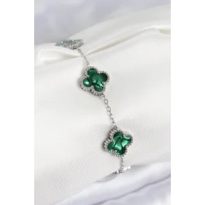 316L Çelik Sedefli Zümrüt Yeşil Gümüş Renk Yonca Kadın Bileklik