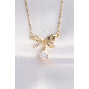 316L Çelik Zincir Altın Renk Zirkon Taşlı Damla Detay Fiyonk Kolye