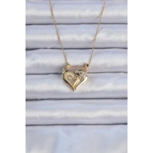 316L Çelik Zincir Altın Renk Zirkon Taşlı Mıknatıslı Kalp Kolye