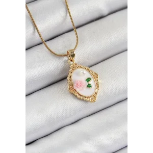 316L Çelik Zincir Beyaz Sanatsal Portre İnci Detaylı Gül Figürlü Model Gold Renk Kadın Kolye