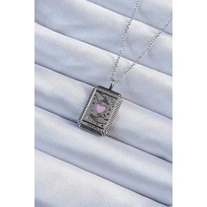 316L Çelik Zincir Eskitme Gümüş Renk Pembe Mineli Kalp Figürlü Tarot Kolye