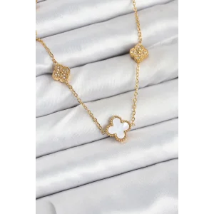 316L Çelik Zincir Gold Renk Beyaz ve Zirkon Taşlı Yonca Kadın Kolye