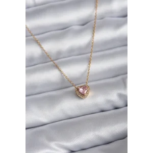 316L Çelik Zincir Gold Renk Pembe Zirkon Taşlı Charm Kadın Kolye