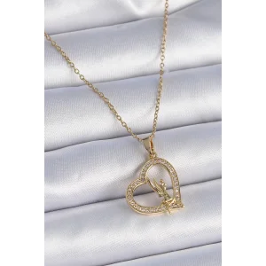 316L Çelik Zincir Gold Renk Zirkon Taşlı Kalp Model Melek Detay Kadın Kolye