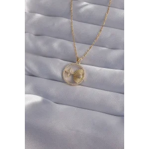 316L Çelik Zincir Gold Renk Zirkon Taşlı Yıldız Figürlü Oval Kolye