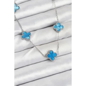 316L Çelik Zincir Gümüş Buz Mavisi Renk Yonca Kadın Kolye