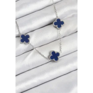316L Çelik Zincir Gümüş Lacivert Renk Yonca Kadın Kolye