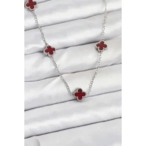 316L Çelik Zincir Gümüş Renk Bordo Baby Boy Yonca Kadın Kolye