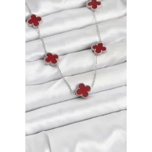 316L Çelik Zincir Gümüş Renk Bordo Renk Yonca Kadın Kolye