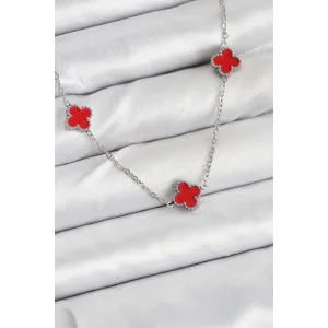 316L Çelik Zincir Gümüş Renk Kırmızı Baby Boy Yonca Kadın Kolye