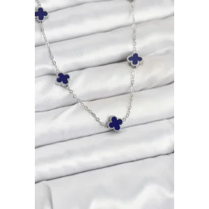 316L Çelik Zincir Gümüş Renk Lacivert Baby Boy Yonca Kadın Kolye