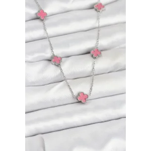 316L Çelik Zincir Gümüş Renk Pembe Baby Boy Yonca Kadın Kolye