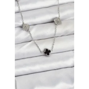 316L Çelik Zincir Gümüş Renk Siyah ve Zirkon Taşlı Baby Boy Yonca Kadın Kolye