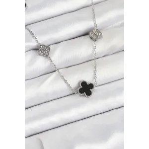 316L Çelik Zincir Gümüş Renk Siyah ve Zirkon Taşlı Yonca Kadın Kolye