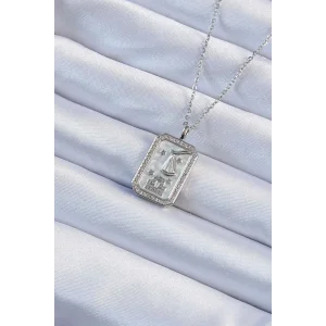 316L Çelik Zincir Gümüş Renk Zirkon Taşlı Çerçeveli Tarot Kolye