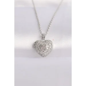 316L Çelik Zincir Gümüş Renk Zirkon Taşlı Kalp Kolye