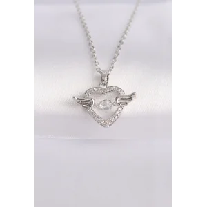 316L Çelik Zincir Gümüş Renk Zirkon Taşlı Kanatlı Kalp Kolye