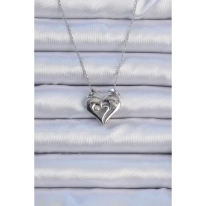 316L Çelik Zincir Gümüş Renk Zirkon Taşlı Mıknatıslı Kalp Kolye
