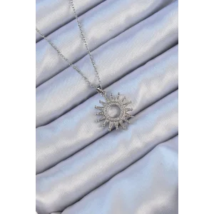 316L Çelik Zincir Gümüş Renk Zirkon Taşlı Parlayan Güneş Kolye