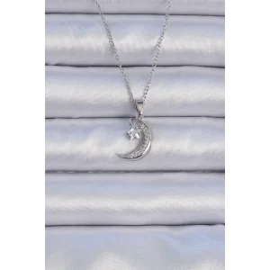 316L Çelik Zincir Gümüş Renk Zirkon Taşlı Sallantılı Ay Yıldız Kolye