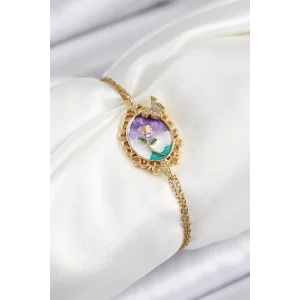 316L Çelik Zincir Mineli Sanatsal Portre Zirkon Taşlı Kelebek Detaylı Çiçek Model Gold Renk Kadın Bileklik