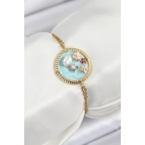 316L Çelik Zincir Turkuaz Mineli Sanatsal Portre İnci Detaylı Çiçek Model Gold Renk Kadın Bileklik