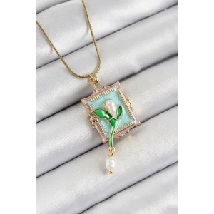 316L Çelik Zincir Turkuaz Sanatsal Portre Sallantılı İnci Detaylı Lale Model Gold Renk Kadın Kolye