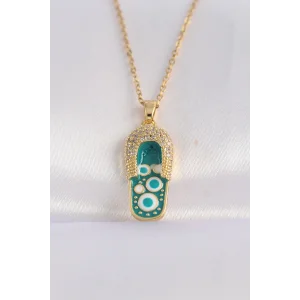 316L Çelik Zincir Zirkon Taşlı Altın Renk Nazarlı Terlik Tasarımlı Kolye