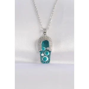 316L Çelik Zincir Zirkon Taşlı Gümüş Renk Nazarlı Terlik Tasarımlı Kolye