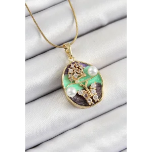 316L Çelik Zincir Zirkon Taşlı Yeşil Mor Sanatsal Portre İnci Detaylı Ağaç Ve Kelebek Figürlü Model Gold Renk Kadın Kolye