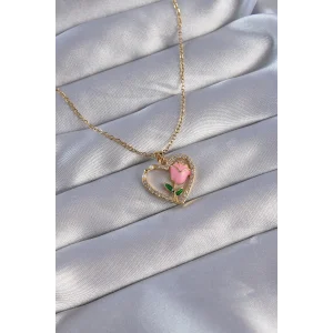 316L Çelik Zincirli Gold Renk Zirkon Taşlı Kalp İçinde Pembe Gül Tasarımlı Kolye