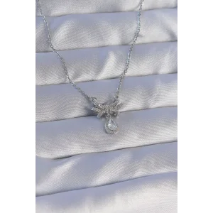 316L Çelik Zincirli Gümüş Renk Zirkon Taşlı Damla Detay Fiyonk Model Kolye