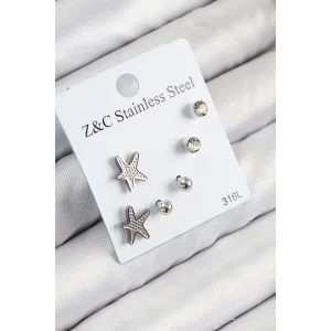 316L Çelik Zirkon Taşlı Deniz Yıldızı Model Gümüş Renk Kadın Set Küpe