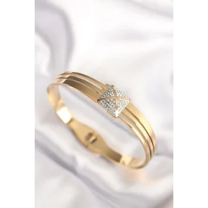 316L Çelik Zirkon Taşlı Gold Renk Kadın Kelepçe Bilezik