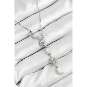 316L Çelik Zirkon Taşlı Güneş Ve Ay Model Gümüş Renk Kadın Kolye