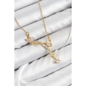 316L Çelik Zirkon Taşlı Kelebek Model Gold Renk Kadın Kolye