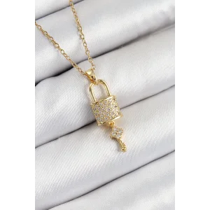 316L Çelik Zirkon Taşlı Kilit Ve Sallantılı Anahtar Model Gold Renk Kadın Kolye