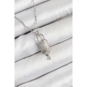 316L Çelik Zirkon Taşlı Kilit Ve Sallantılı Anahtar Model Gümüş Renk Kadın Kolye