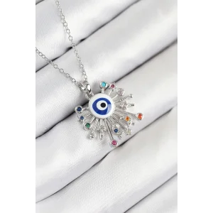 316L Çelik Zirkon Taşlı Nazar Model Gümüş Renk Kadın Kolye