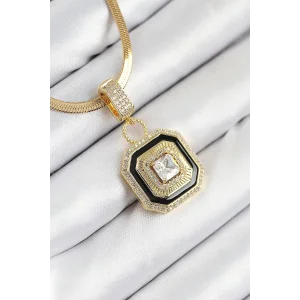 316L Çelik Zirkon Taşlı Siyah Detaylı Baget Model Gold Renk Kadın Kolye