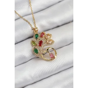 316L Çelik Zirkon Taşlı Tavus Kuşu Model Gold Renk Kadın Kolye