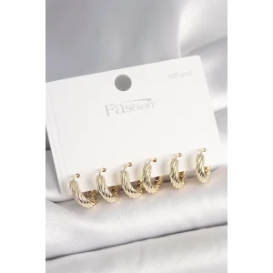 925 Ayar Gümüş Çivi Pirinç Gold Renk İşlemeli Halka Model Kadın Küpe Seti
