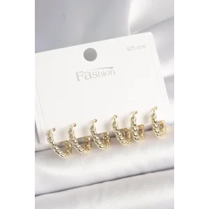 925 Ayar Gümüş Çivi Pirinç Gold Renk Sarmal Halka Model Kadın Küpe Seti