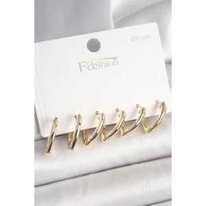 925 Ayar Gümüş Çivi Pirinç Gold Renk Üçgen Model Kadın Küpe Seti