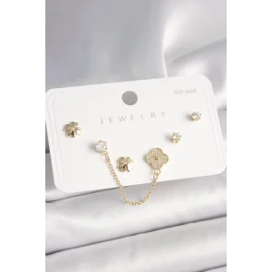 925 Ayar Gümüş Çivi Pirinç Gold Renk Zirkon Taşlı Yonca Model Sallantı Zincir Detay Kadın Küpe Seti