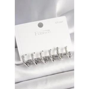 925 Ayar Gümüş Çivi Pirinç Gümüş Renk Bambu Halka Model Kadın Küpe Seti